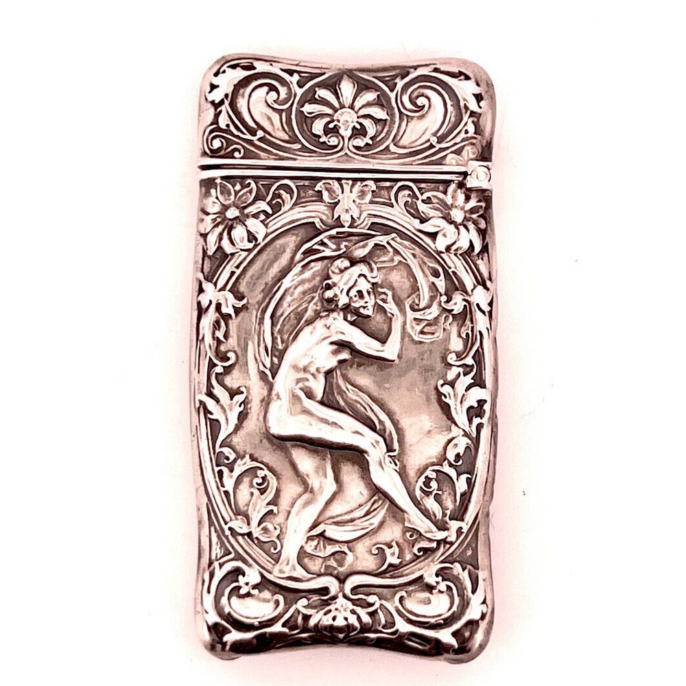Antique Art Nouveau Match Safe with Lady & Embellishment Sterling Silver 925